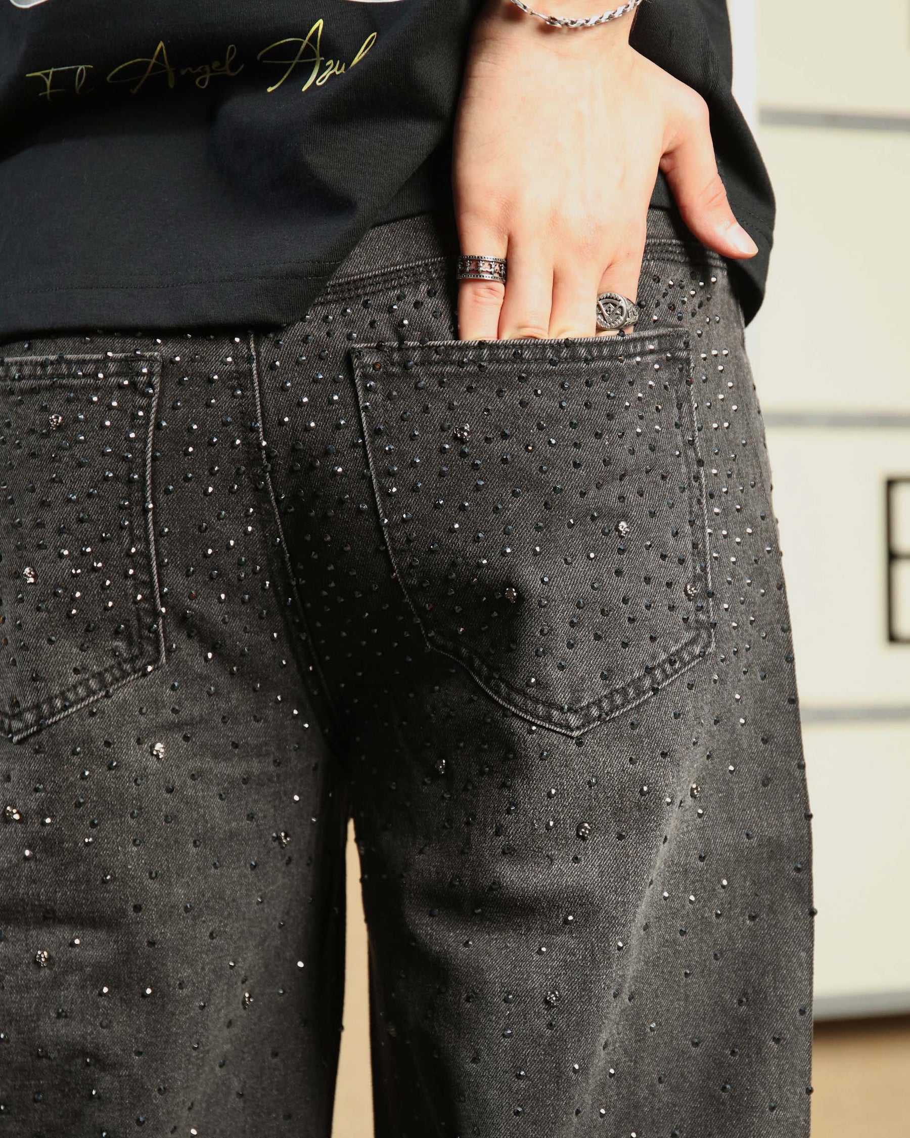 LOGEQI Men’s Black Rhinestone Wide Leg Jeans – Vintage Washed Loose Fit Denim Pants
