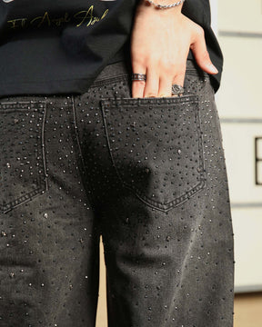 LOGEQI Men’s Black Rhinestone Wide Leg Jeans – Vintage Washed Loose Fit Denim Pants