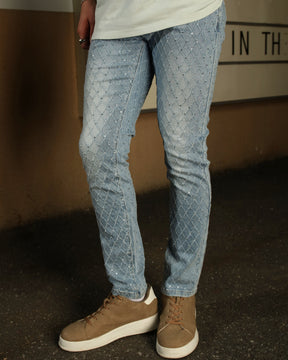 LOGEQI Men’s Light Blue & Black Rhinestone Plaid Skinny Jeans – Vintage Washed Slim Fit Denim Pants