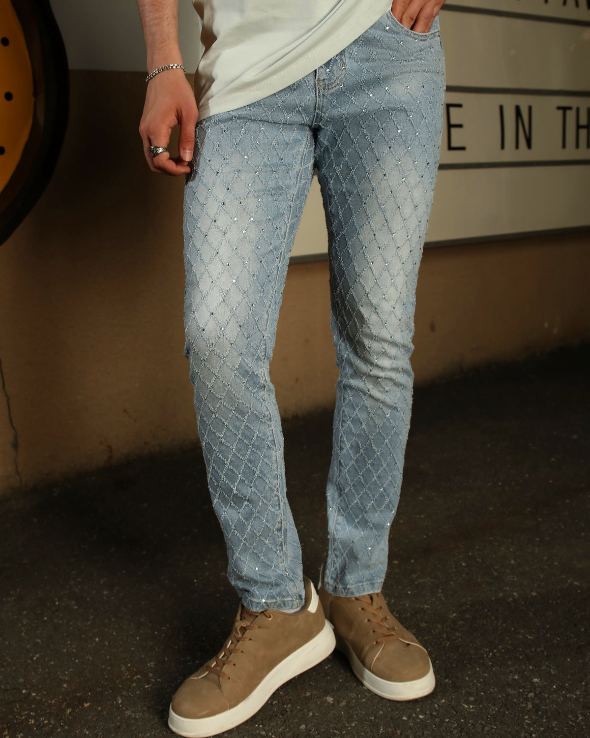 LOGEQI Men’s Light Blue & Black Rhinestone Plaid Skinny Jeans – Vintage Washed Slim Fit Denim Pants