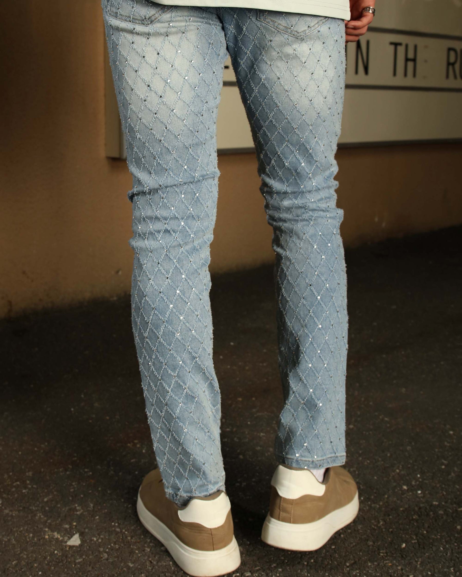LOGEQI Men’s Light Blue & Black Rhinestone Plaid Skinny Jeans – Vintage Washed Slim Fit Denim Pants