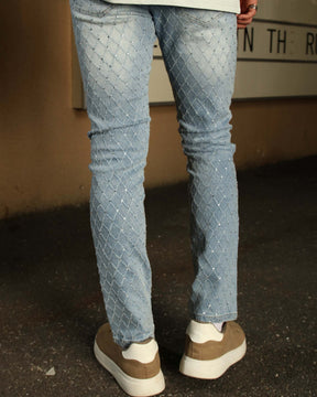 LOGEQI Men’s Light Blue & Black Rhinestone Plaid Skinny Jeans – Vintage Washed Slim Fit Denim Pants