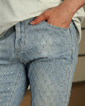 LOGEQI Men’s Light Blue & Black Rhinestone Plaid Skinny Jeans – Vintage Washed Slim Fit Denim Pants