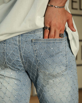 LOGEQI Men’s Light Blue & Black Rhinestone Plaid Skinny Jeans – Vintage Washed Slim Fit Denim Pants