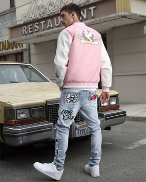 Medium Wash Slim Fit Blue Graffiti Painted Ripped Jeans