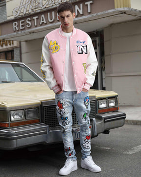 Medium Wash Slim Fit Blue Graffiti Painted Ripped Jeans