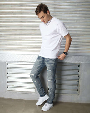 LOGEQI Men’s Distressed Slim Fit Jeans – Vintage Blue