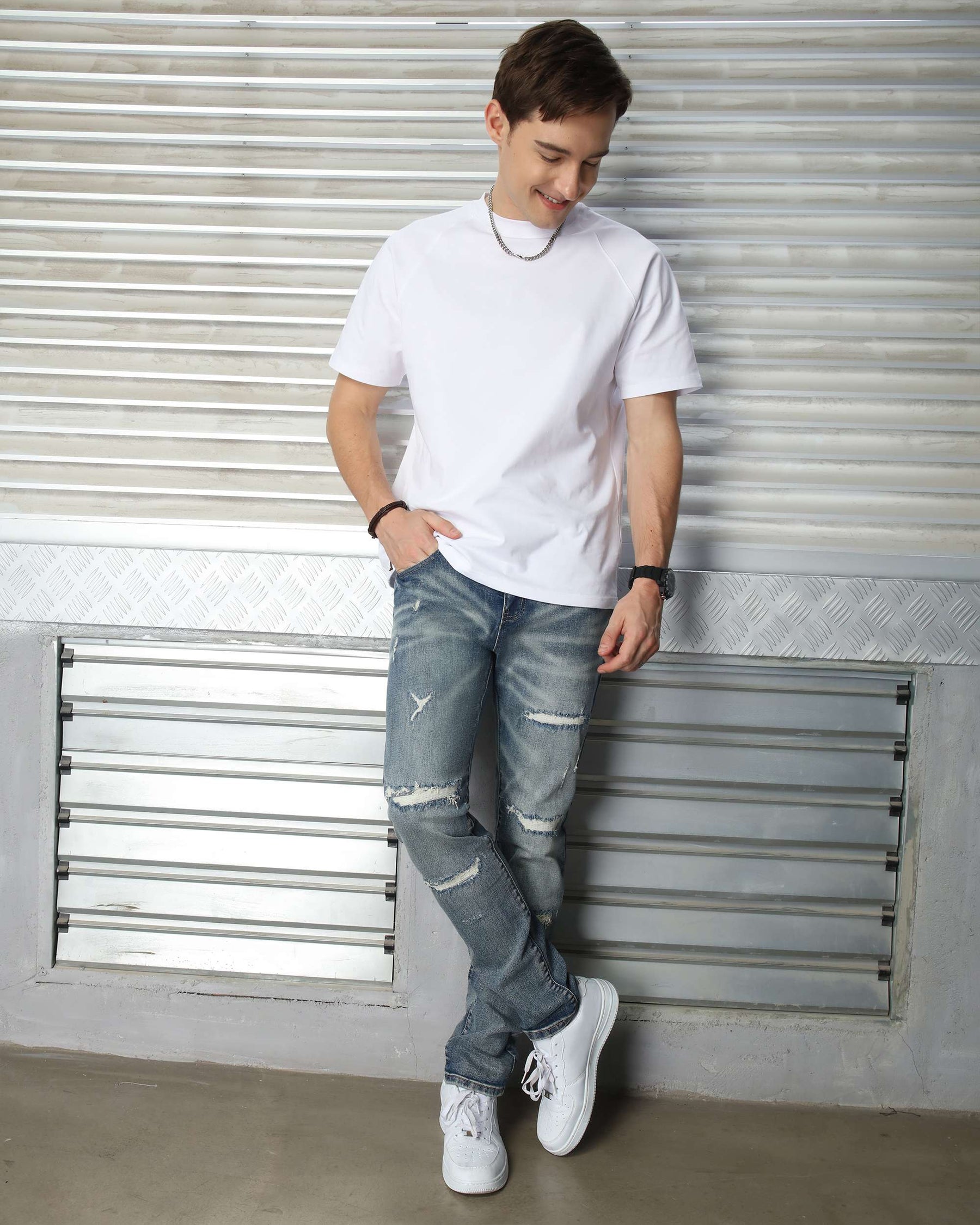 LOGEQI Men’s Distressed Slim Fit Jeans – Vintage Blue