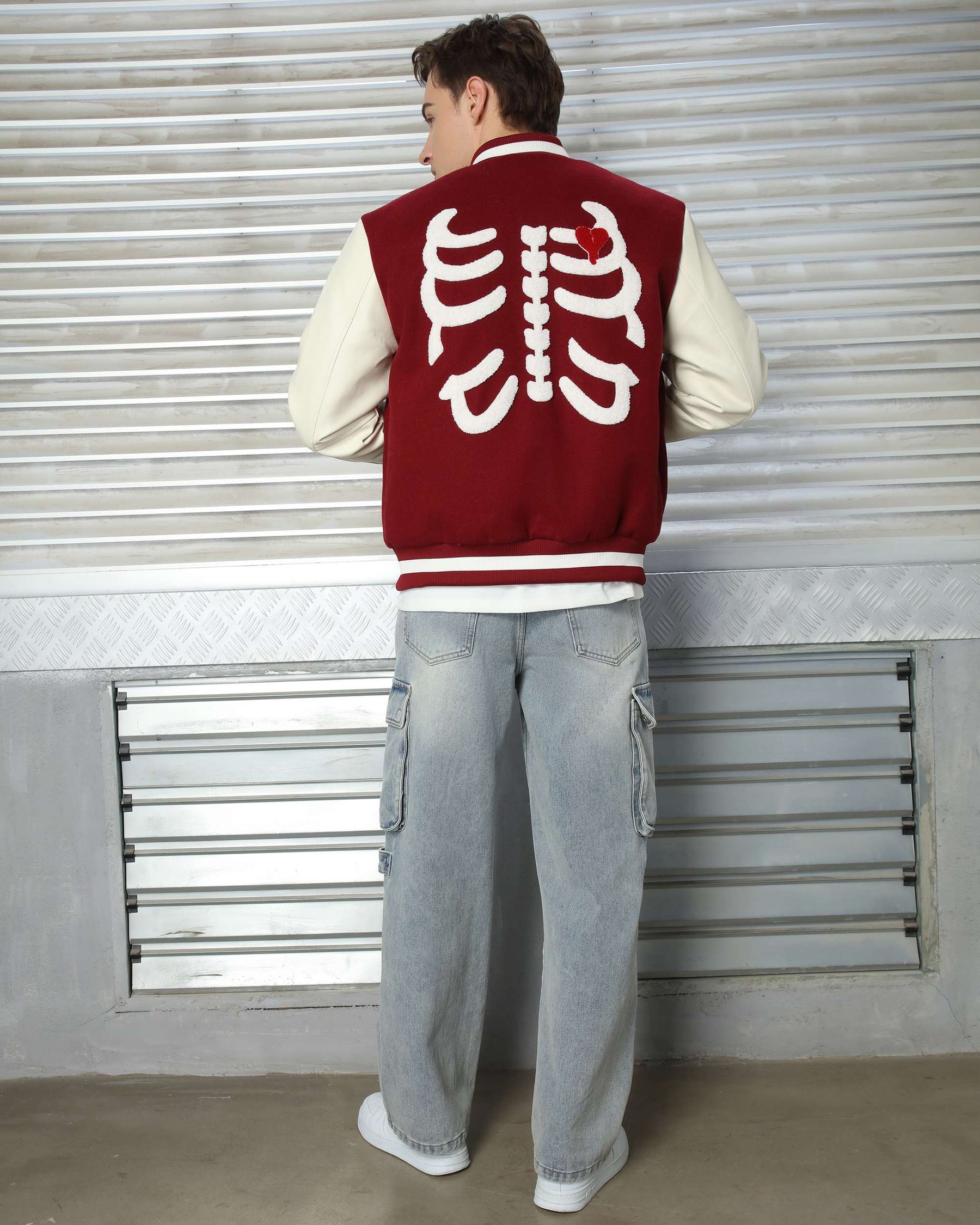Men’s Skeleton Varsity Jacket – Black & White Letterman with Broken Heart Patch
