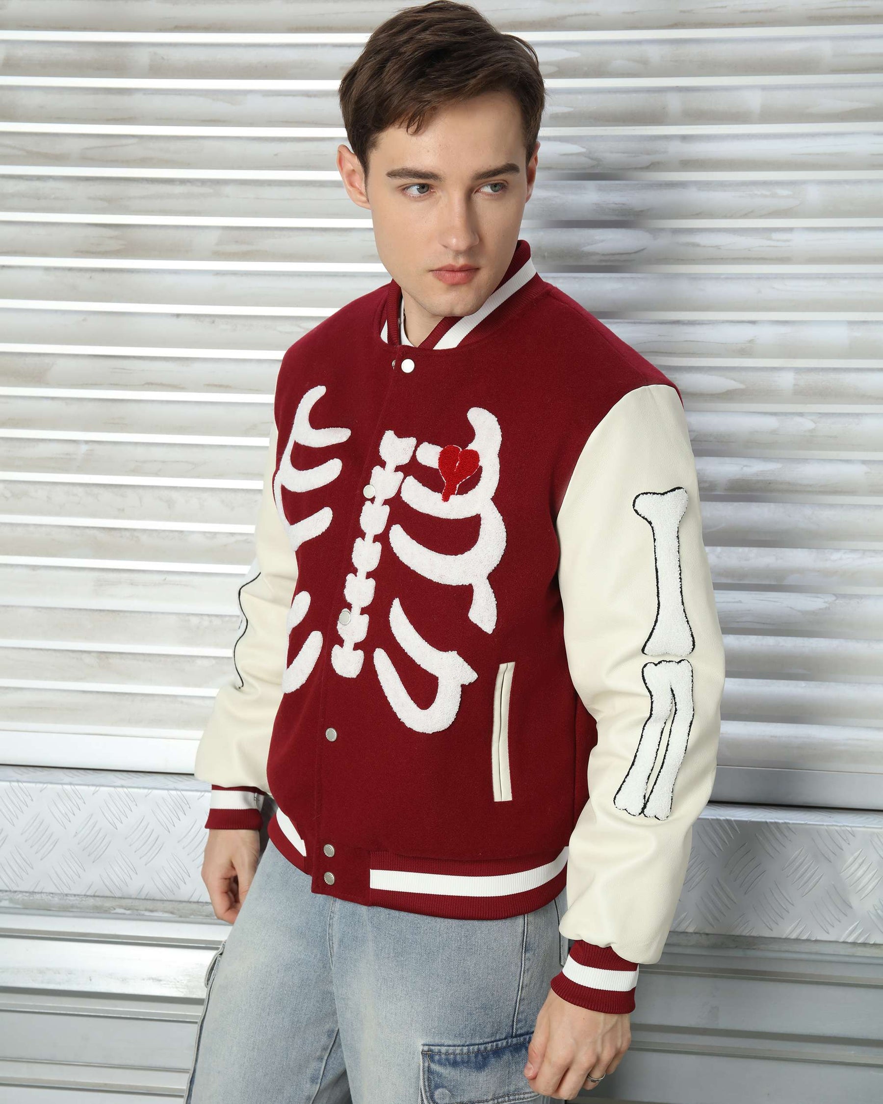 Men’s Skeleton Varsity Jacket – Black & White Letterman with Broken Heart Patch