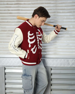 Men’s Skeleton Varsity Jacket – Black & White Letterman with Broken Heart Patch