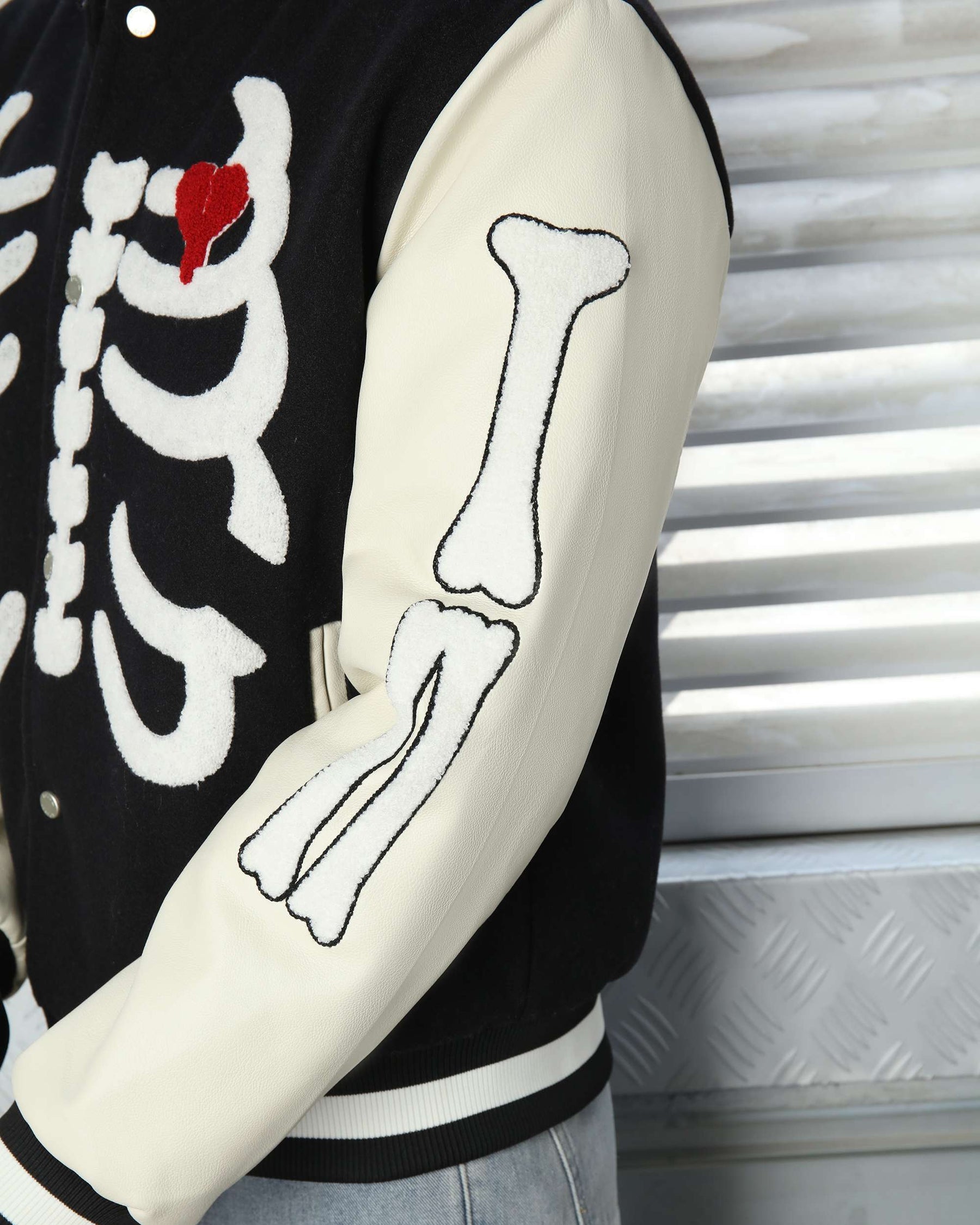 Men’s Skeleton Varsity Jacket – Black & White Letterman with Broken Heart Patch