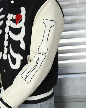 Men’s Skeleton Varsity Jacket – Black & White Letterman with Broken Heart Patch