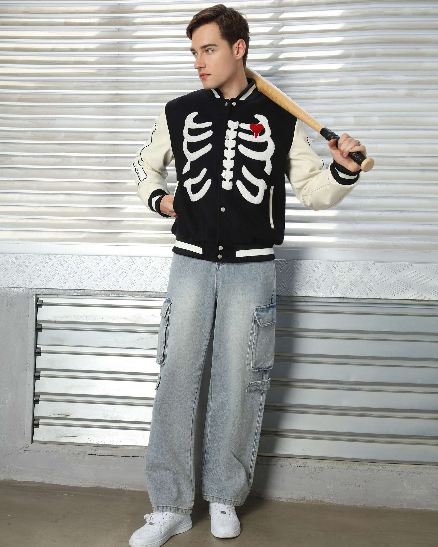 Men’s Skeleton Varsity Jacket – Black & White Letterman with Broken Heart Patch
