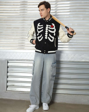 Men’s Skeleton Varsity Jacket – Black & White Letterman with Broken Heart Patch