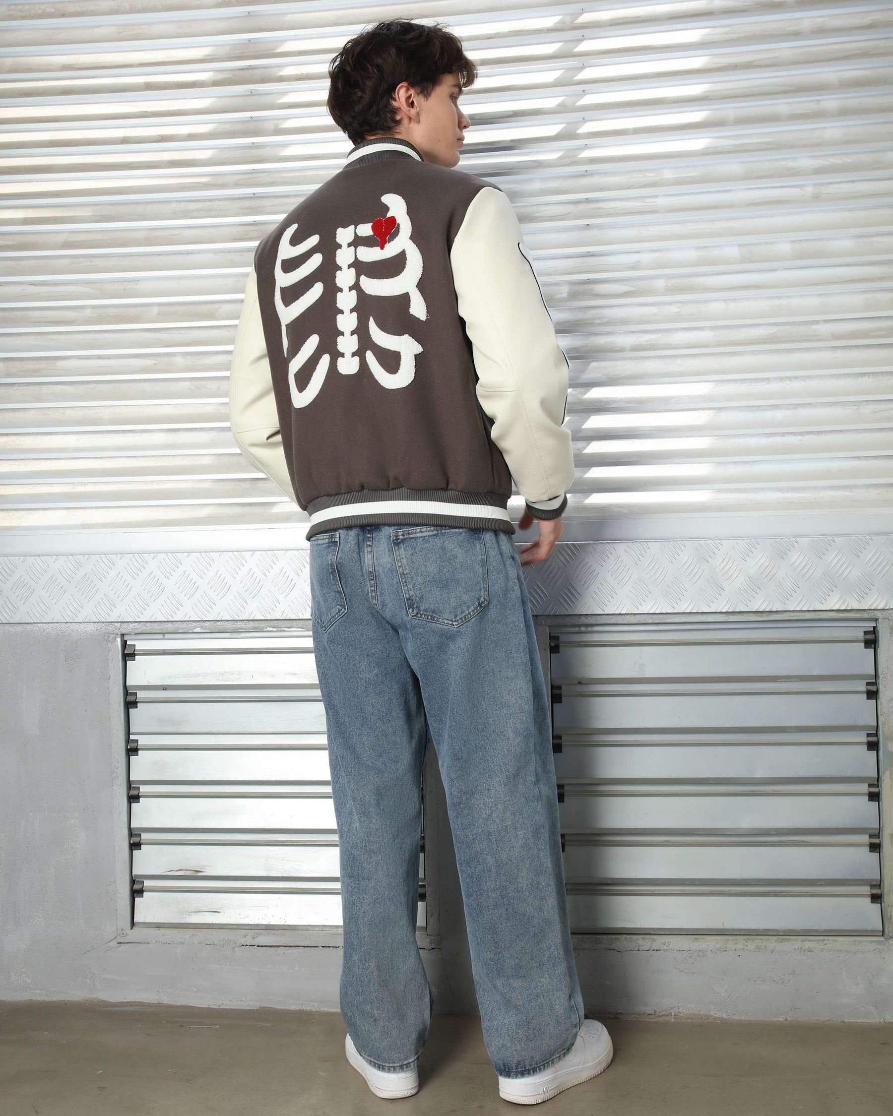 Men’s Skeleton Varsity Jacket – Black & White Letterman with Broken Heart Patch