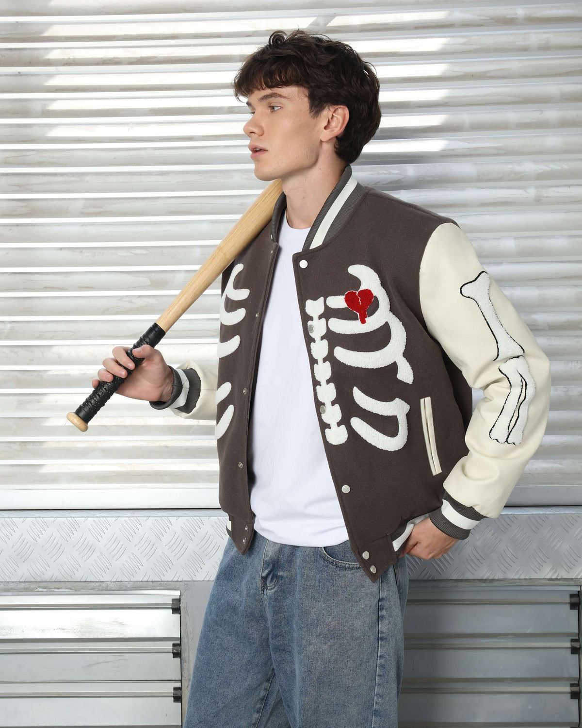 Men’s Skeleton Varsity Jacket – Black & White Letterman with Broken Heart Patch