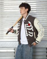 Men’s Skeleton Varsity Jacket – Black & White Letterman with Broken Heart Patch