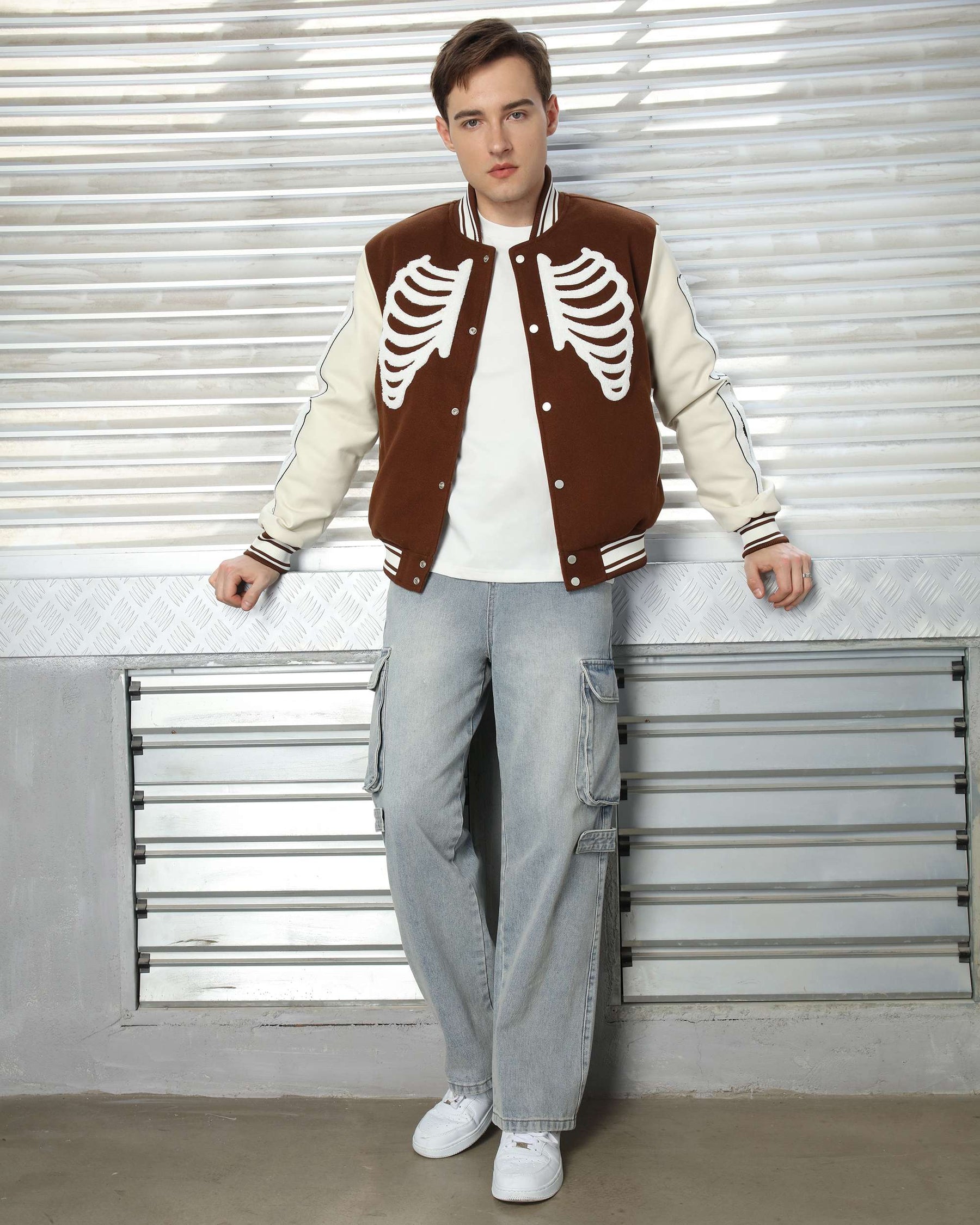 LOGEQI Men’s Skeleton Varsity Jacket – Oversized Streetwear Bomber in Khaki / Brown / Black