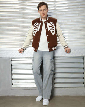 LOGEQI Men’s Skeleton Varsity Jacket – Oversized Streetwear Bomber in Khaki / Brown / Black