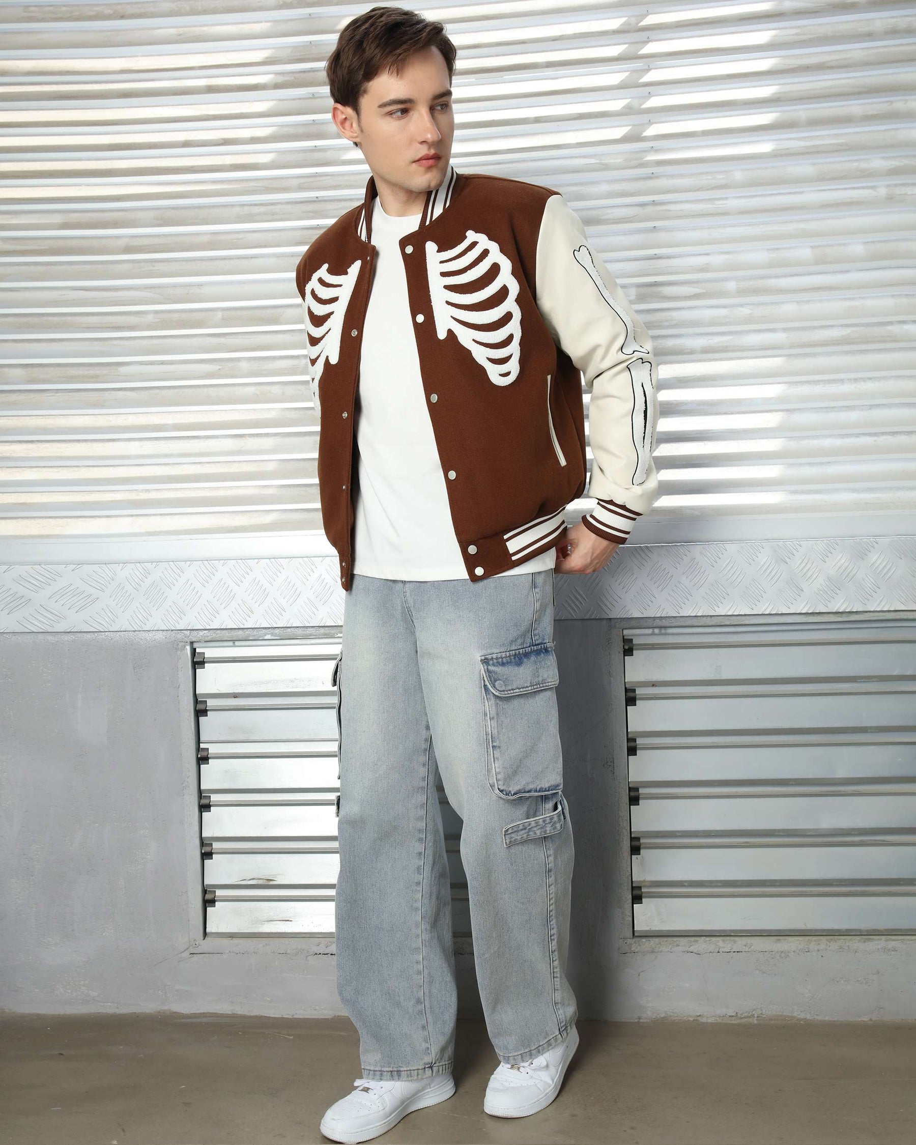 LOGEQI Men’s Skeleton Varsity Jacket – Oversized Streetwear Bomber in Khaki / Brown / Black