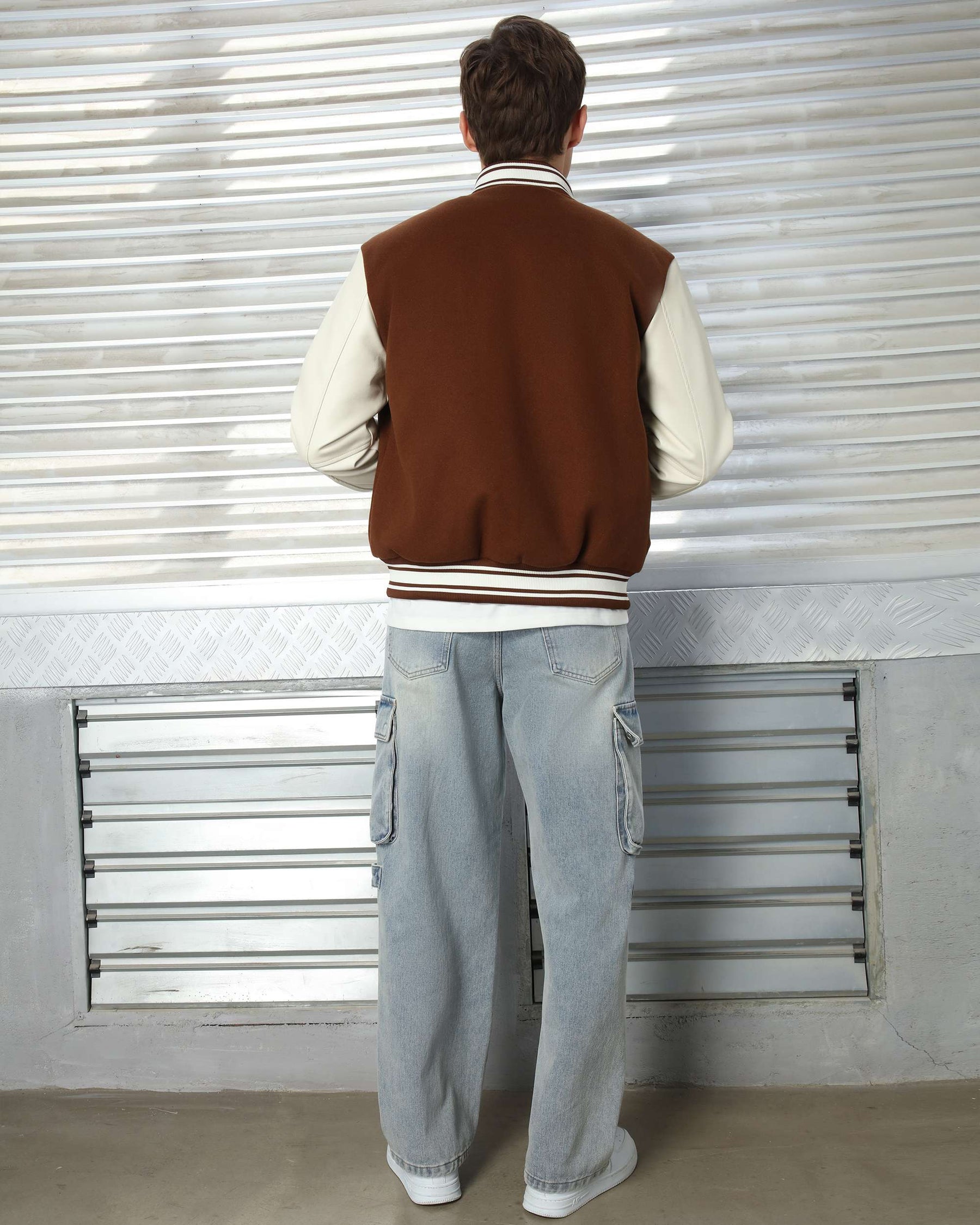 LOGEQI Men’s Skeleton Varsity Jacket – Oversized Streetwear Bomber in Khaki / Brown / Black