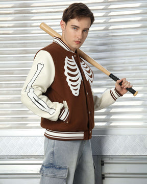 LOGEQI Men’s Skeleton Varsity Jacket – Oversized Streetwear Bomber in Khaki / Brown / Black