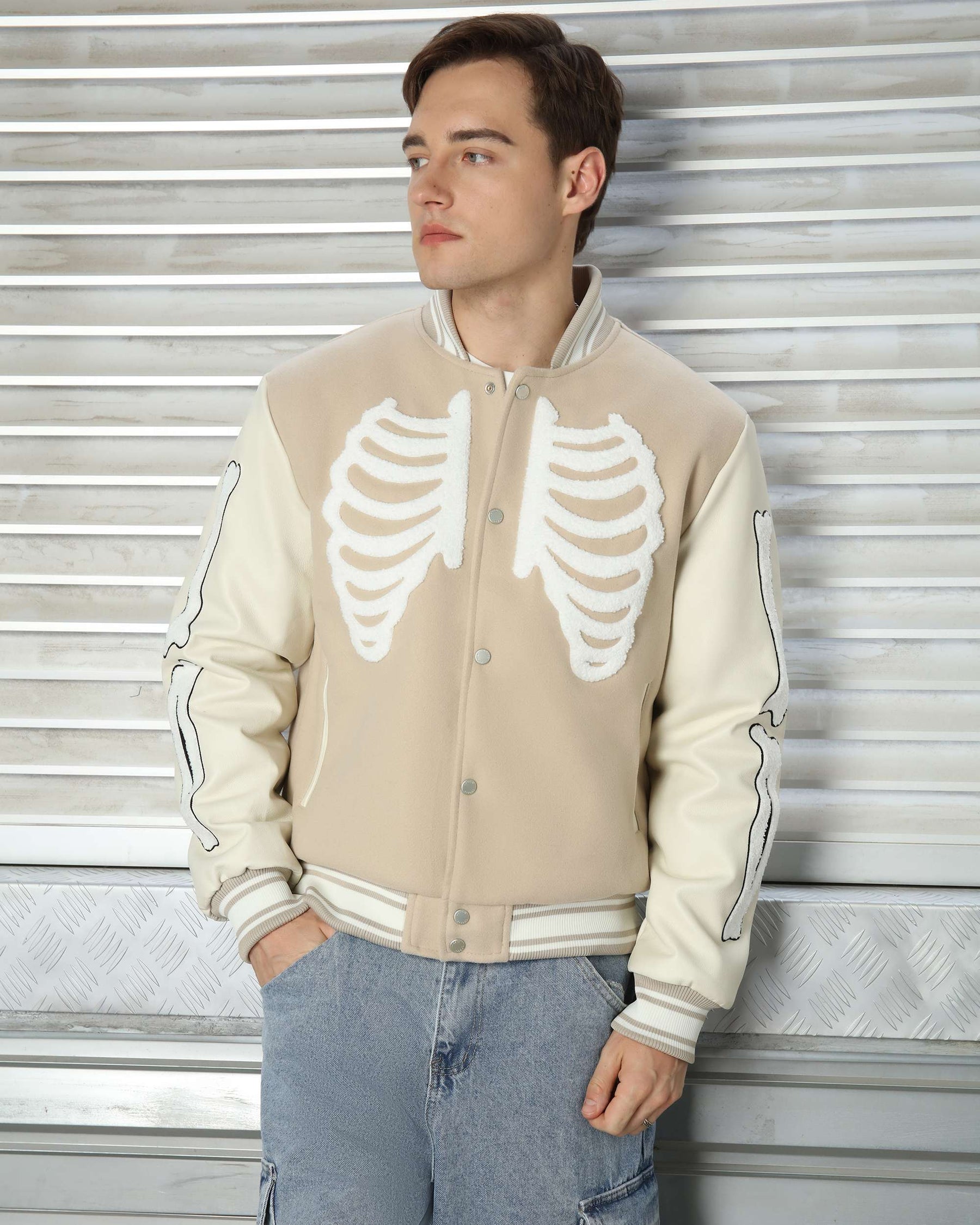 LOGEQI Men’s Skeleton Varsity Jacket – Oversized Streetwear Bomber in Khaki / Brown / Black