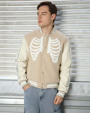 LOGEQI Men’s Skeleton Varsity Jacket – Oversized Streetwear Bomber in Khaki / Brown / Black