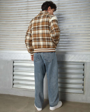 LOGEQI Men’s Plaid Varsity Jacket – Retro Checkered Bomber in Black & Khaki