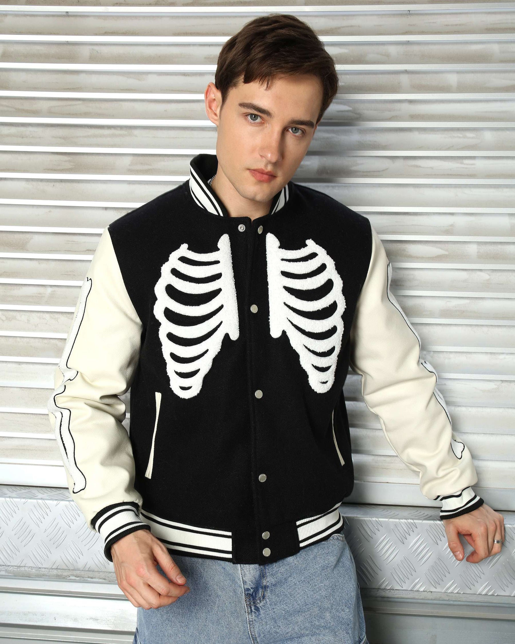 LOGEQI Men’s Skeleton Varsity Jacket – Oversized Streetwear Bomber in Khaki / Brown / Black