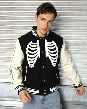 LOGEQI Men’s Skeleton Varsity Jacket – Oversized Streetwear Bomber in Khaki / Brown / Black