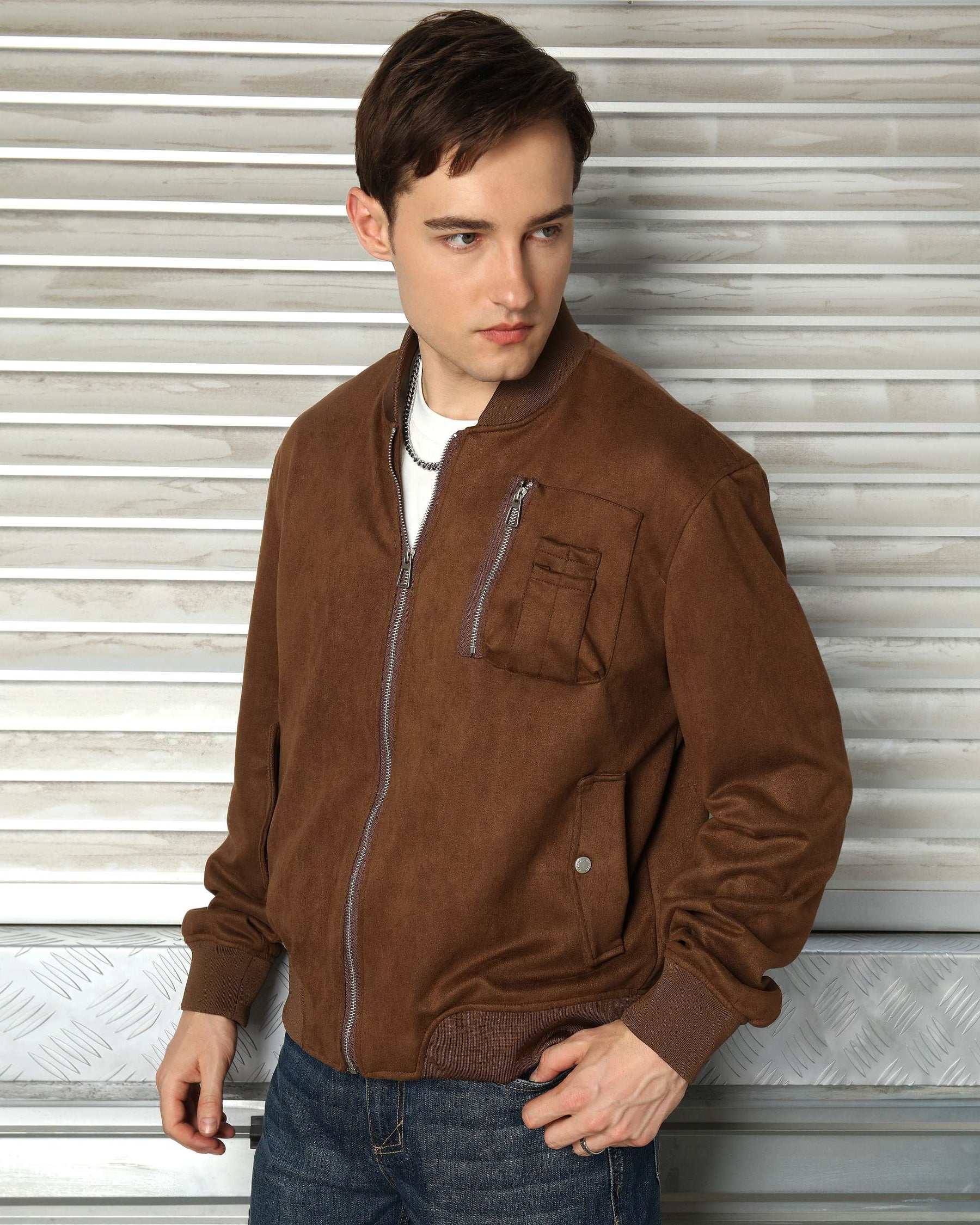 LOGEQI Men’s Stand Collar Utility Jacket – Minimalist Zip-Up in Grey, Khaki & Coffee