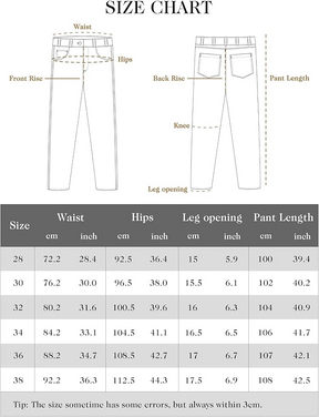 The size chart for LOGEQI's men's blue ripped baggy jeans with a layered design