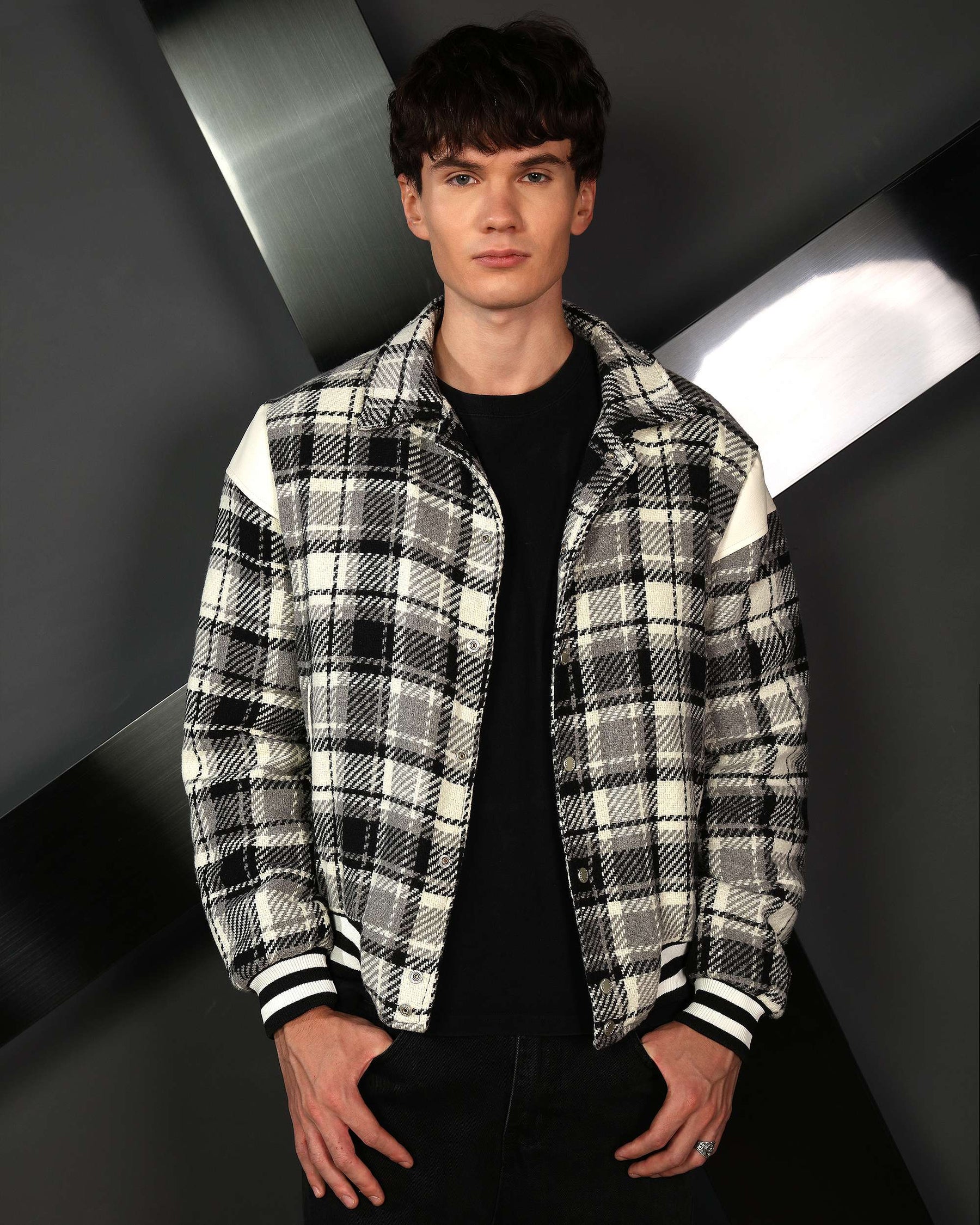 LOGEQI Men’s Plaid Varsity Jacket – Retro Checkered Bomber in Black & Khaki