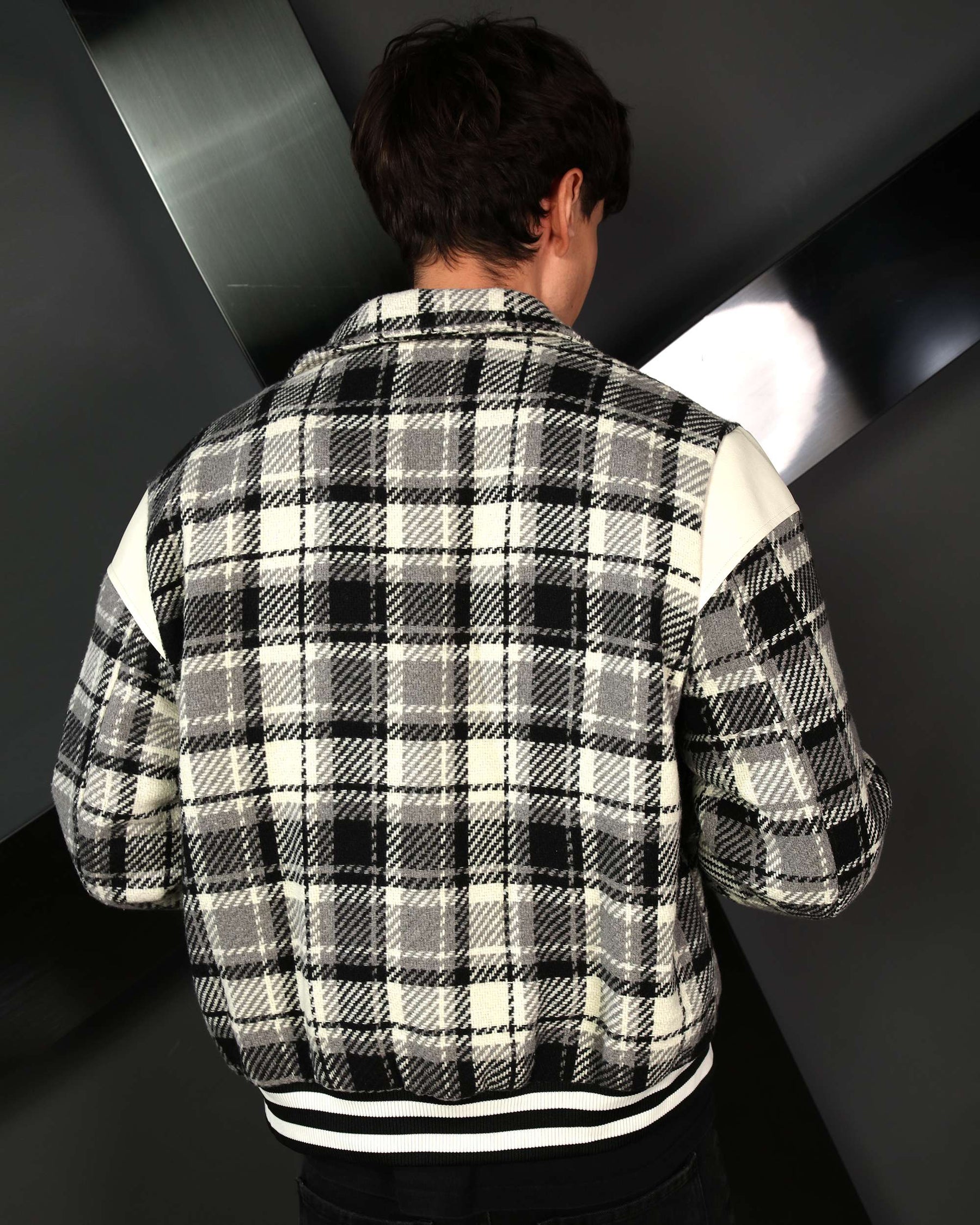 LOGEQI Men’s Plaid Varsity Jacket – Retro Checkered Bomber in Black & Khaki