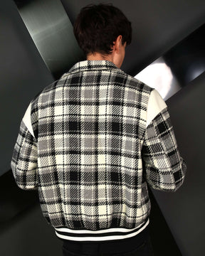 LOGEQI Men’s Plaid Varsity Jacket – Retro Checkered Bomber in Black & Khaki