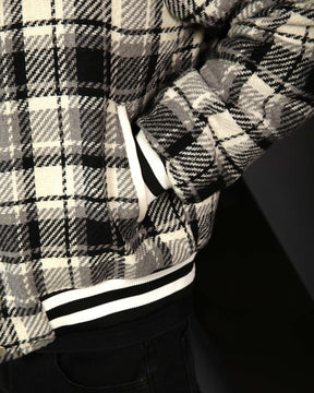 LOGEQI Men’s Plaid Varsity Jacket – Retro Checkered Bomber in Black & Khaki