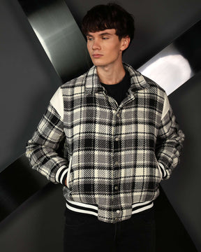 LOGEQI Men’s Plaid Varsity Jacket – Retro Checkered Bomber in Black & Khaki