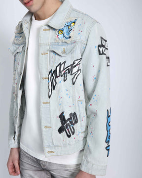 Distressed Graffiti Blue Denim Jacket with Rip & Repair-Mexico Local Delivery