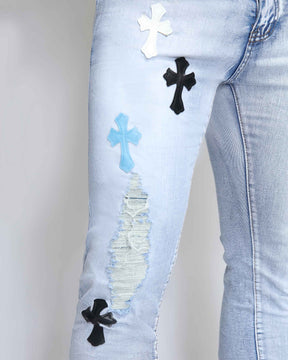 Trendy Distressed Blue Jeans with Ripped Knees & Patches
