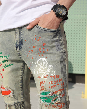 Hip-Hop Style Distressed Ripped Blue Jeans with Graffiti Style-Mexico Local Delivery