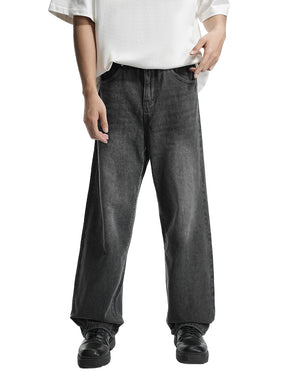 LOGEQI Men’s Washed Black Loose Fit Jeans – Wide Leg Street Style Denim
