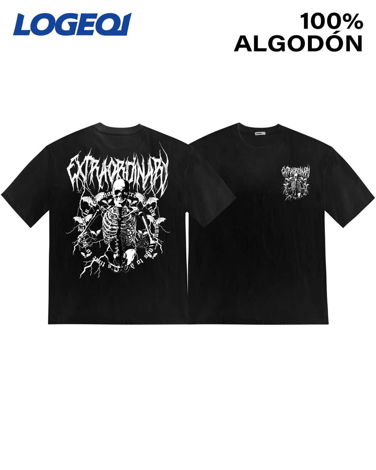 LOGEQI Men’s Graphic Skeleton T-Shirt – Oversized Streetwear 100% Cotton Tee