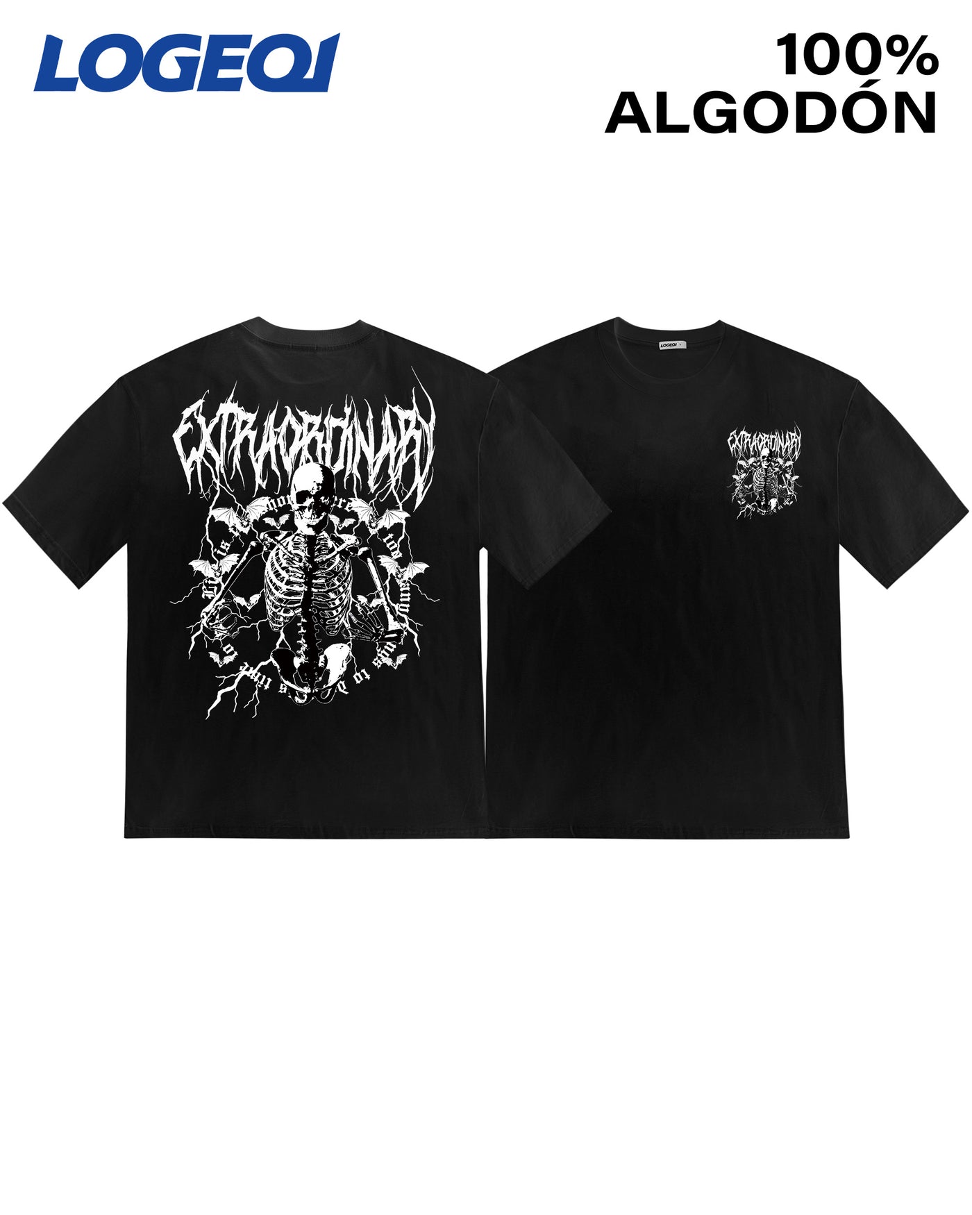 LOGEQI black metal skeleton graphic tee front and back view