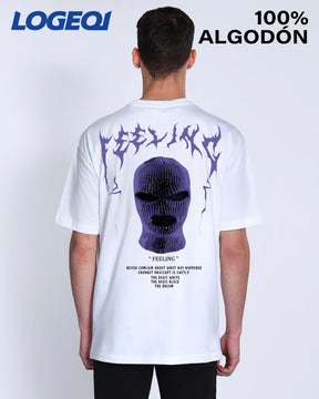 Men’s Streetwear Graphic Tee – Oversized “Feeling” Balaclava Print T-Shirt | LOGEQI