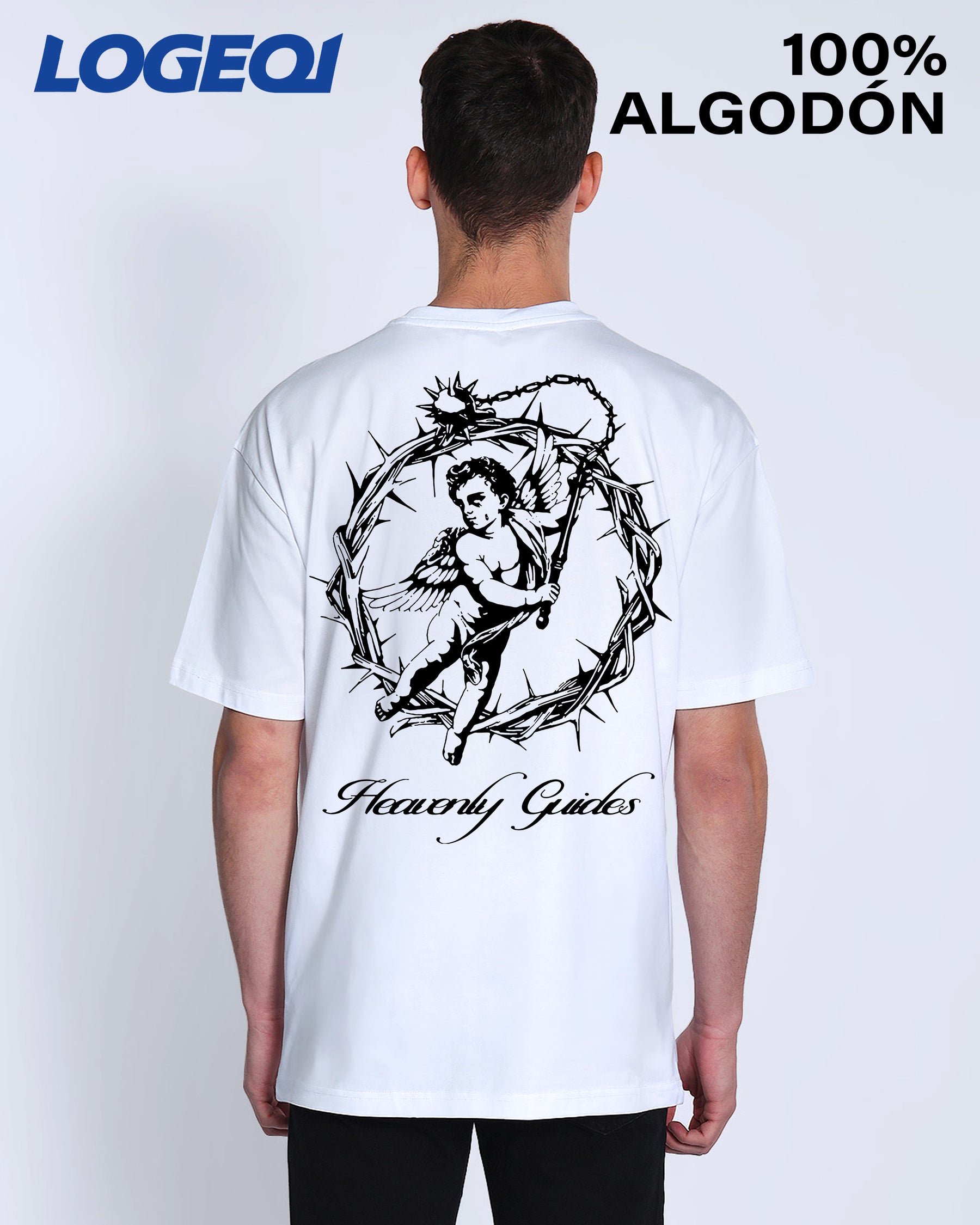 LOGEQI Men’s “Heavenly Guides” Angel Graphic Tee – Oversized 100% Cotton Streetwear T-Shirt