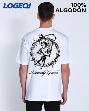 LOGEQI Men’s “Heavenly Guides” Angel Graphic Tee – Oversized 100% Cotton Streetwear T-Shirt