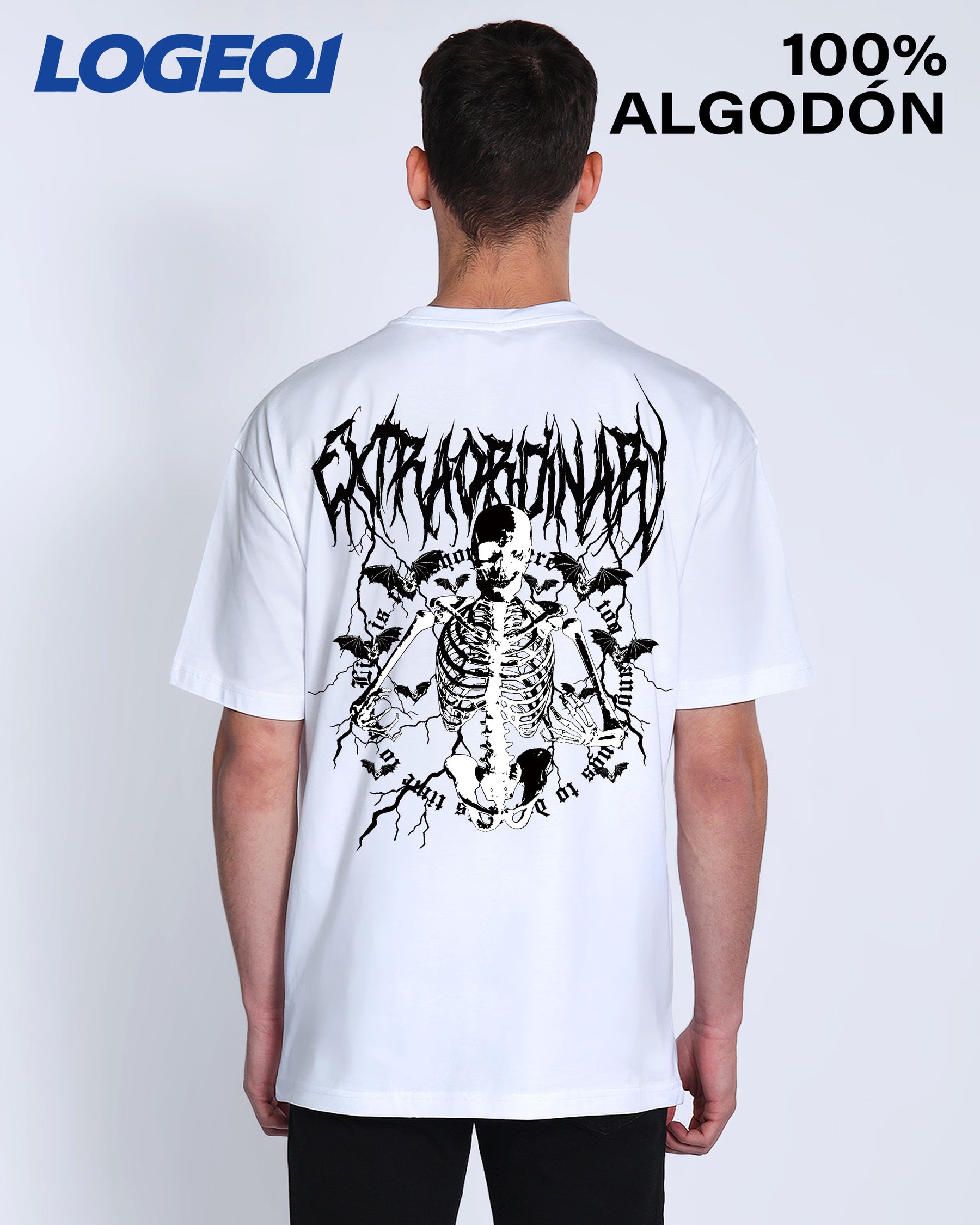 LOGEQI Men’s Graphic Skeleton T-Shirt – Oversized Streetwear 100% Cotton Tee