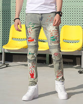 Hip-Hop Style Distressed Ripped Blue Jeans with Graffiti Style-Mexico Local Delivery